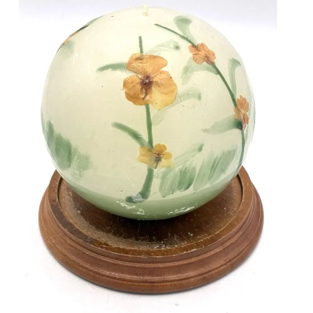 Vintage Handmade Sphere Candle Pressed Flowers Wood Base 5” Boho Decor